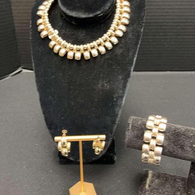 Vintage Gold Tone Art Deco Necklace, Bracelet + Earring Set