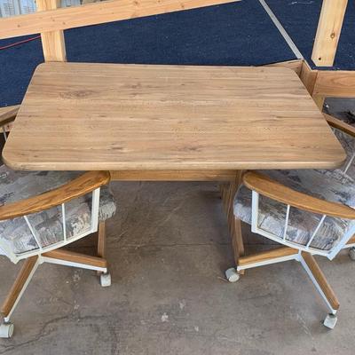 Wooden Table With Two Matching Rolling Chairs