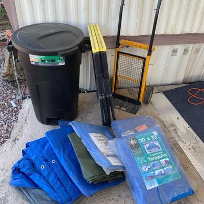 Saw Horses, Tarps, Hand Truck, And Garbage Can