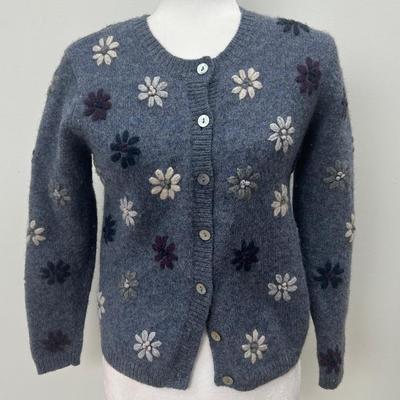 100% Wool, Petite Women’s Floral Button Up Sweater