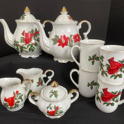 Handpainted Lefton Pointesetta And Cardinal Holiday Teapots And Mugs