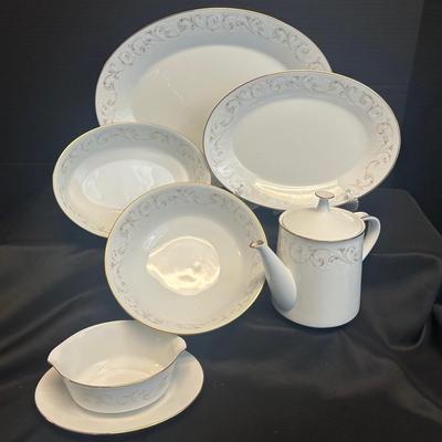Noritake China Duetto Teapot, Gravy Boat, Two Serving Platters And Two Serving Bowls