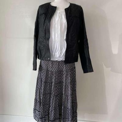 Caslon Leather Jacket-S, St. John’s Bay Top-PM, Print Skirt-XS