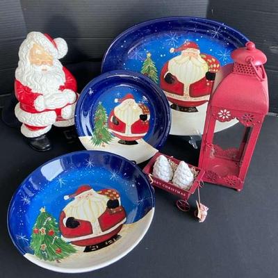 Hand Painted Ceramic Santa, Santa Dishes, Metal Lantern & Shakers