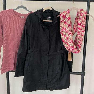 Northface Hooded Mid Length Rain Coat, Long Sleeve & NEW Scarf