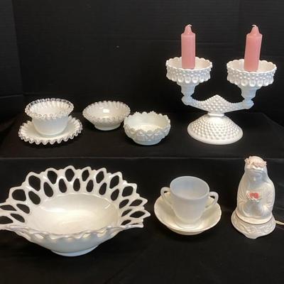 Westmoreland, Monax, Fenton Milk Glass Collection With Double Candelabra And Bisque Night Light