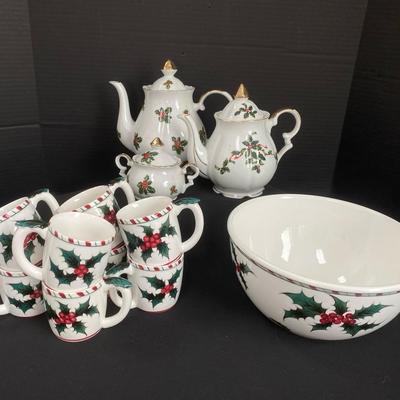 Handpainted Lefton Christmas China Teapots, Sugar Bowl, Serving Bowl, And Set Of Eight Mugs