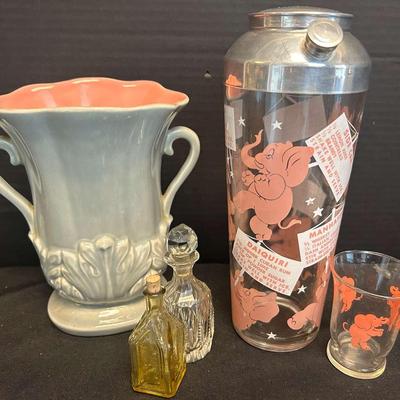 Vintage Hazel Atlas Pink Elephant Cocktail Shaker With Shot Glass And More