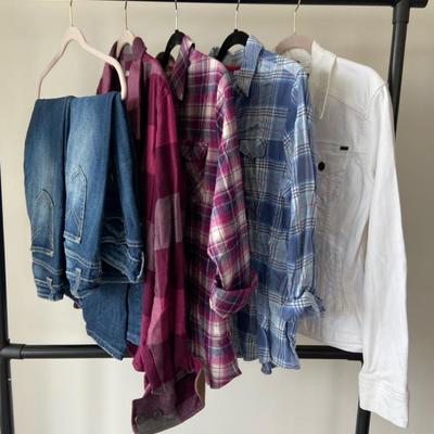 Eddie Bauer Jacket, Cabella’s Plaids, Columbia Flannel Sizes L & Vigoss Jeans