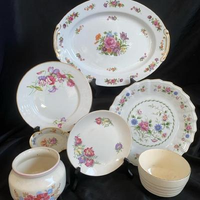 Vintage 1981 FTD Flowerpot Planter Pink Floral Pattern And Various China Dishes And Platters