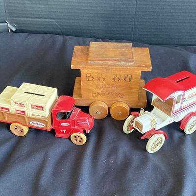 Vintage True Value Truck & Car Banks, Cubby Caboose Wood Bank
