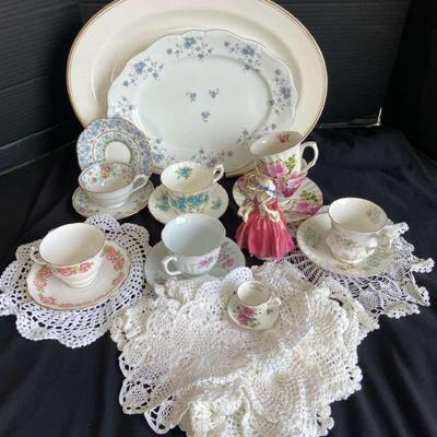 Vintage Floral Teacups & Saucers, “Lavinia” Figurine, Haviland Platter, & Doilies 
