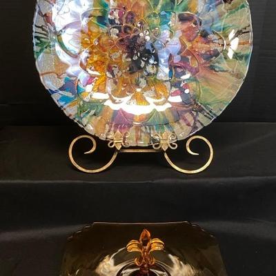 Vintage Fostoria Amber Glass Fleur-de-lis Sandwich Tray And Centerpiece Art Glass Bowl 
