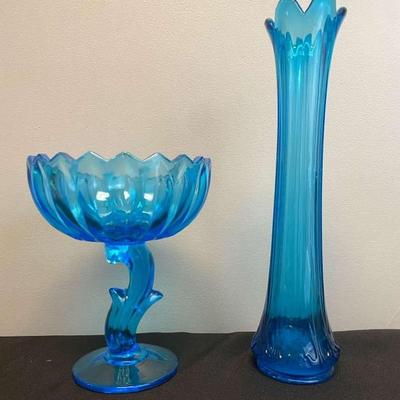 Vintage Indiana Glass Blue Lotus Pedestal Bowl And Jefferson Glass Blue Iris Vase