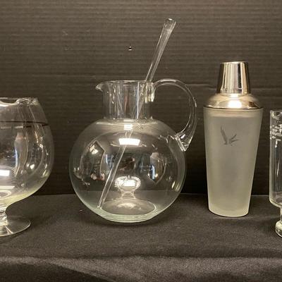 Vintage MCM Glass Barware Silver-band Cocktail Snifter, Pitcher, Princess House, Grey Goose Shaker