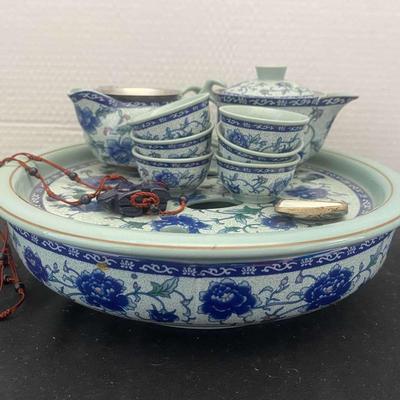 Green Tea Tea Set With Warming Tray & Elephant Necklace