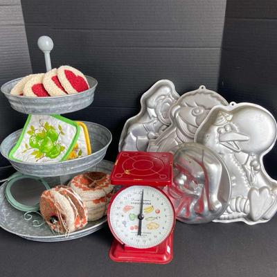 3 Tier Galvanized Steel Serving Tray, Cake Pans, Vintage Scale & Holiday Coasters