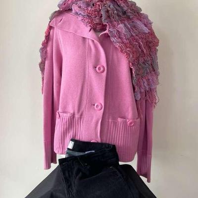 New With Tag Charter Club Pink Sweater-M, Paige Black Skinny Jeans-28, Colored Scarf