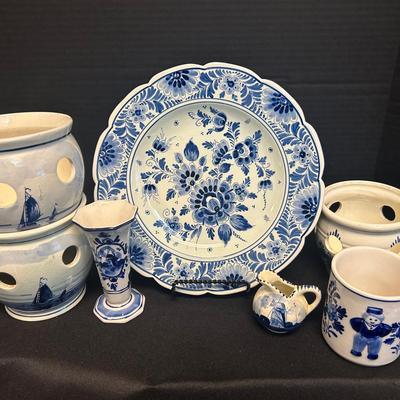 Delft Co Holland Hand Painted Planters With Hand Painted Mug, Plate, Vase & Creamer