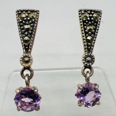 1” Sterling Silver Drop Earrings with Sparkling Purple Accents
