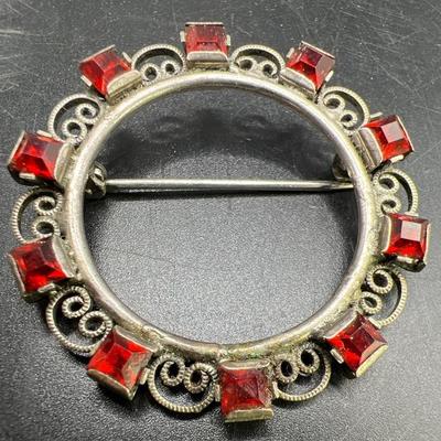 H&S Sterling Silver Brooch with Red Sparkling Accents 
