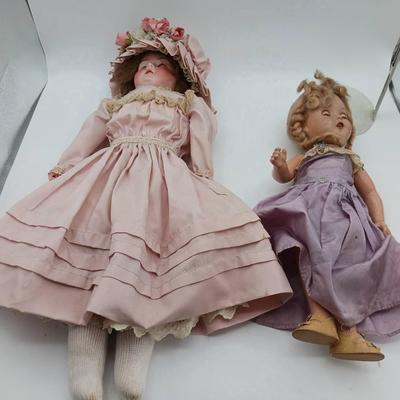 (2) Antique Dolls & Stand