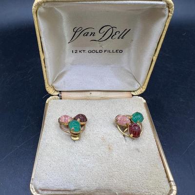 Vintage Carved Scarab Stone Earrings in Gold Fill