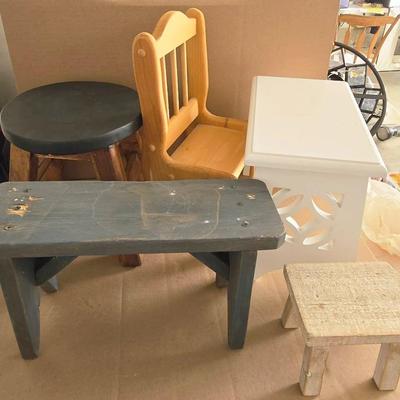Wooden Stools & Doll Chair