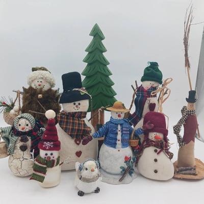 (8) Snowmen Figurines, (1) Small Winter Bird & (1) Christmas Tree Figurine