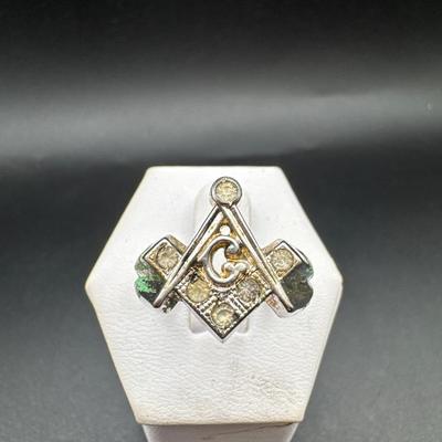 Vintage Sterling Silver & Rhinestone Masonic Ring Size 10