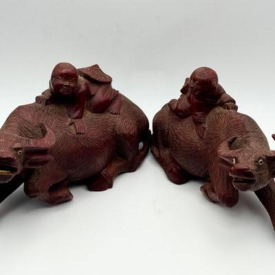 (2) Vintage Chinese Carved Wooden Water Buffalo Figurines 