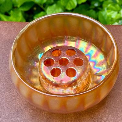 Vintage Marigold Carnival Glass Bowl & Floral Frog