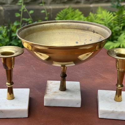 Brass Bowl & Candlesticks 