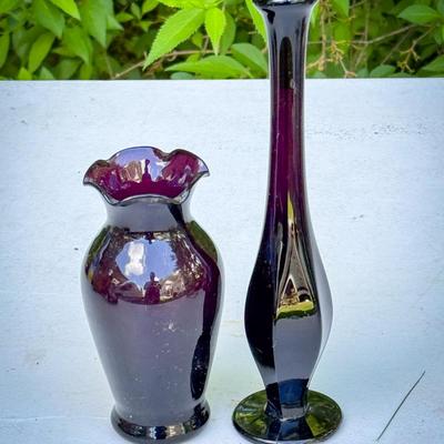 (2) Vintage Amethyst Glass Vases