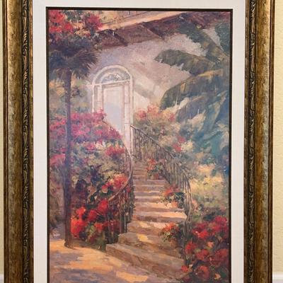 Framed Textured Print Of Bougainville Flowers Leading To Door