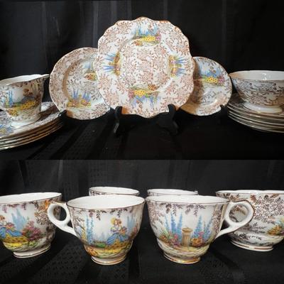 Vintage Edwardian Pottery Bone China Set with 22QT Gold Filigree: 20pcs