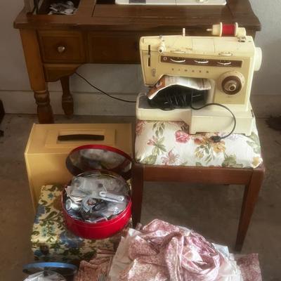 Sewing Lot: Singer Sewing Table & Stool, Additional Singer Machine, & Supplies