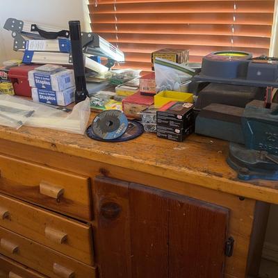 Mystery Lot of Tools with Large Vice on Nice Wooden Storage Cabinet 