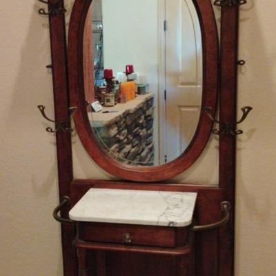 Antique Wooden Entryway/Hall Tree With Mirror 