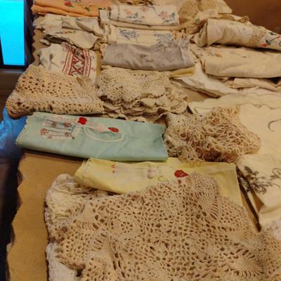 Matery Lot of Vintage Linens: Large Lot of Doilies, Embroidery and Lace