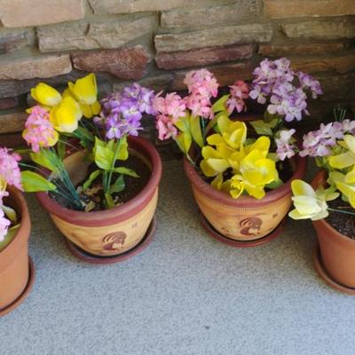 Four Terracotta Planters; Two with Kokopeli Designs