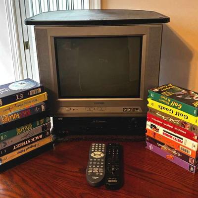 14” Toshiba TV, Sony VHS Player, and VHS Tapes