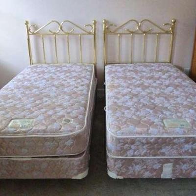 Two Brass Twin Headboards with Rails & Sealy Posturepedic Mattresses 