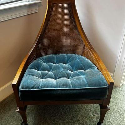 Vintage Mid-Century Cane Back Accent Chair with Velvet Cushion