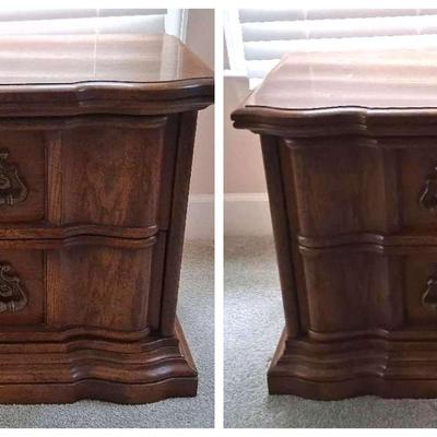 Pair of Sculpted Wood End Tables with Ornate Drawer Pulls