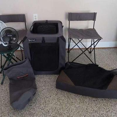 Two Ford Folding Chairs, Port-a-Crate Animal Crate & Two Small Electric Fans