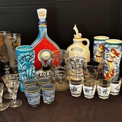 Eclectic Barware Collection with Decanters, Tiki Mugs & Vintage Glassware