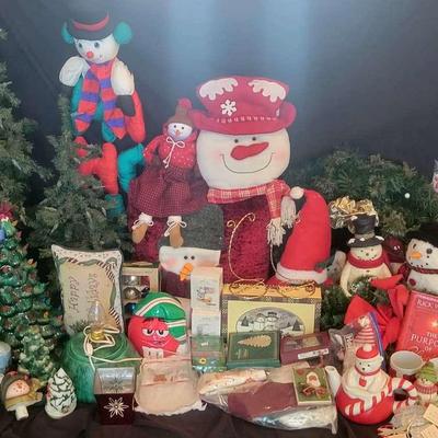 Large Assortment of Holiday Decor with Light-Up Trees