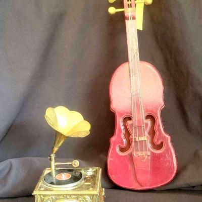 Vintage Gramophone Table Lighter and Music Box with Wooden Viola