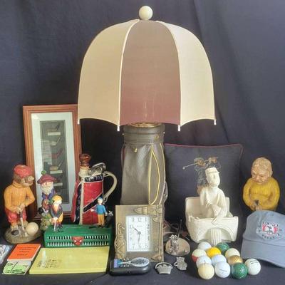 Golf-Themed Decor with Lamp, Chalkware, and Music Box Decanter